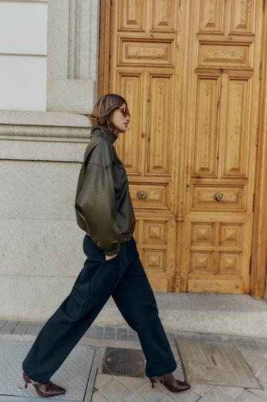 FAUX LEATHER BOMBER JACKET WITH HIGH COLLAR - Khaki by Zara - Image 3