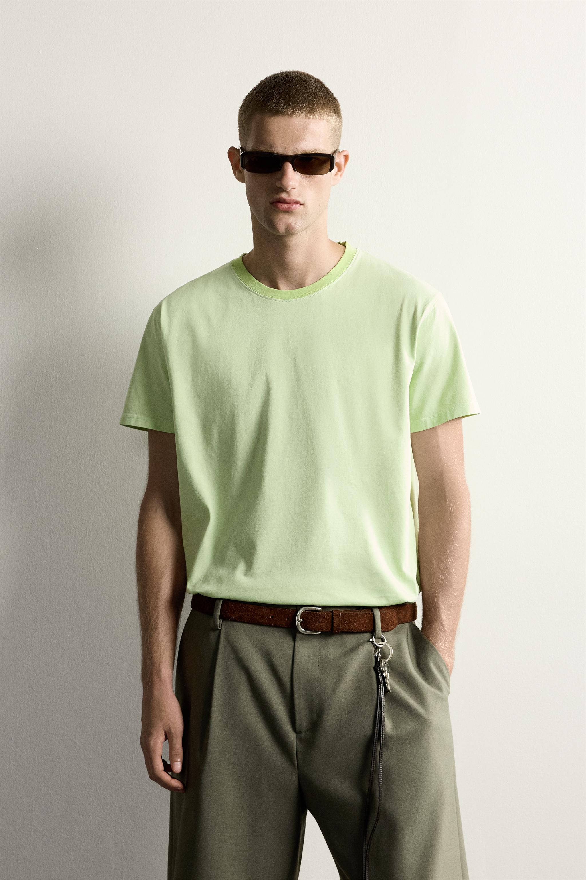 CONTRAST NECK RELAXED FIT T-SHIRT — Lime green