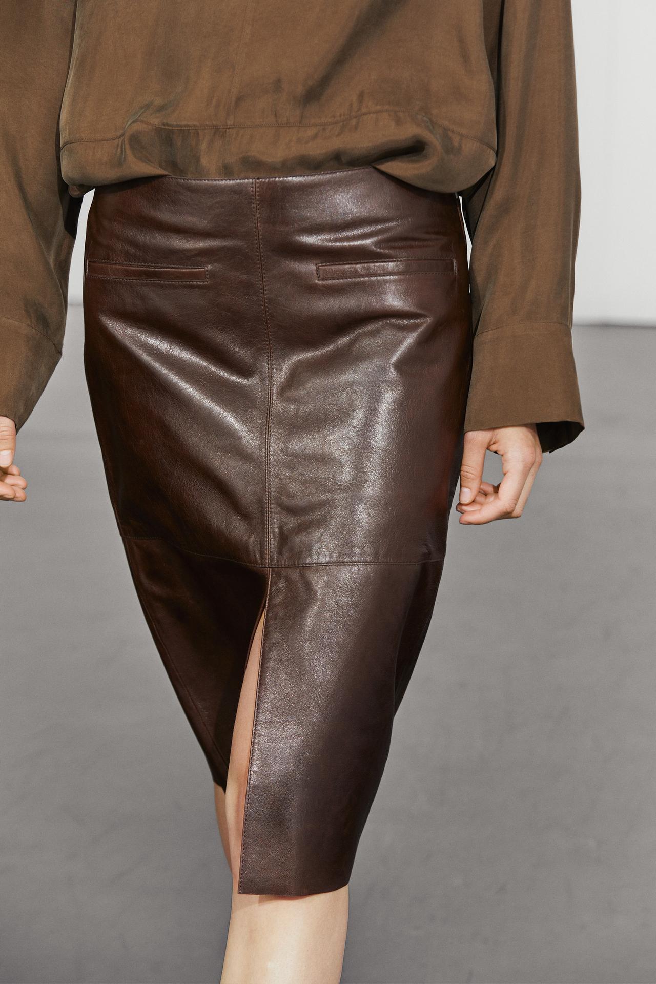 Leather midi skirt with pockets — Chocolate