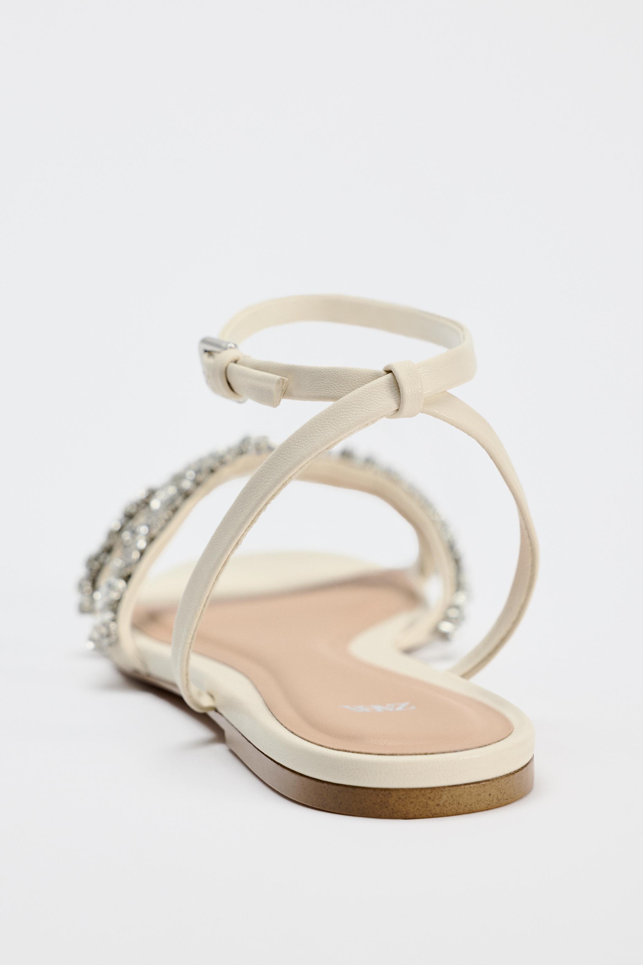 FLAT BEJEWELLED SANDALS Beige ZARA United Kingdom