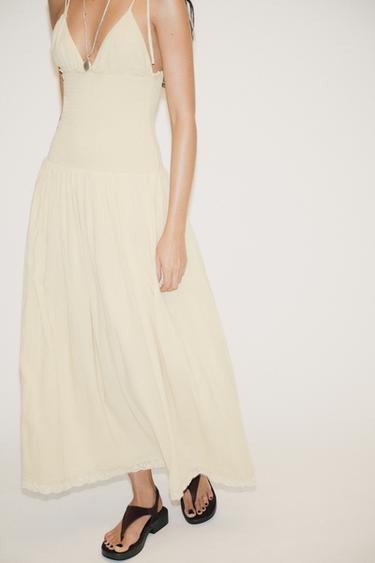 ROBE MIDI EN MATIÈRES VARIÉES NID D'ABEILLE - Beige de Zara - Image 1