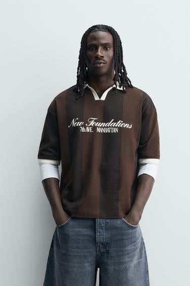 Zara RETRO POLO MAJICA S KONTRASTNIM UZORKOM – Smeđa