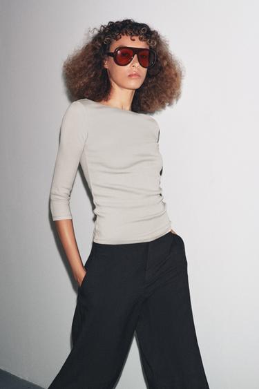 COTTON BOAT NECK T-SHIRT - Sand by Zara - Image 4