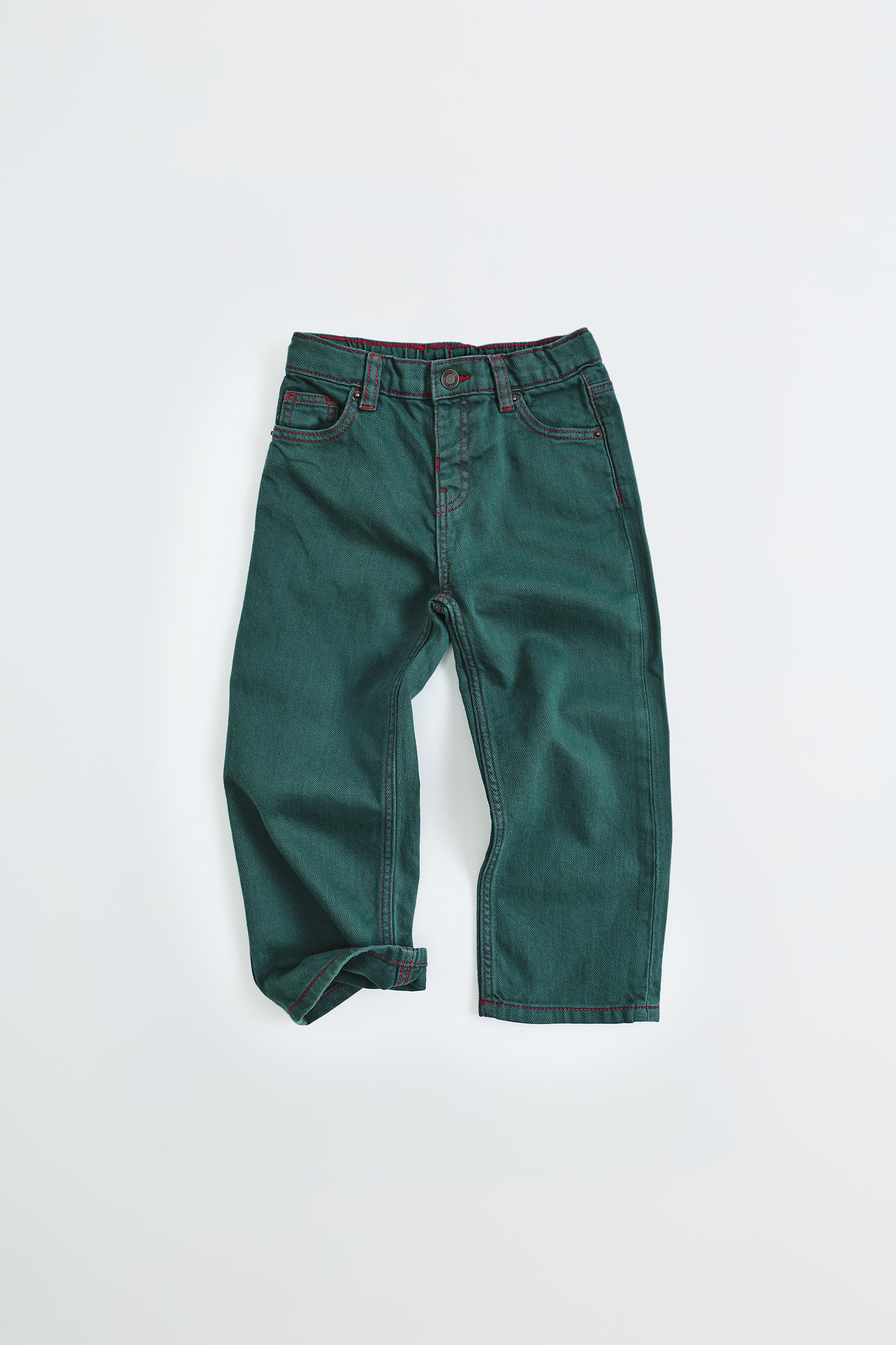 ZARA TIMELESS - CONTRAST STITCH STRAIGHT TWILL PANTS — Mid-green