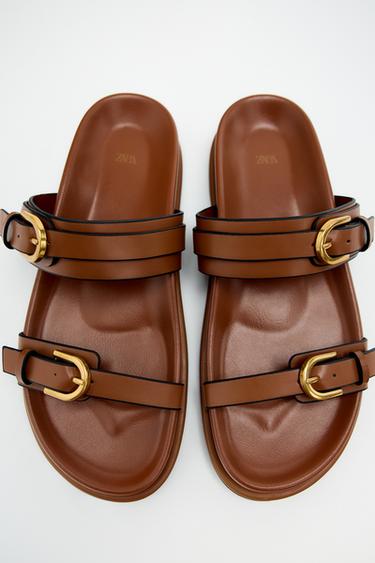 Zara BUCKLE FLAT SANDALS - Brown