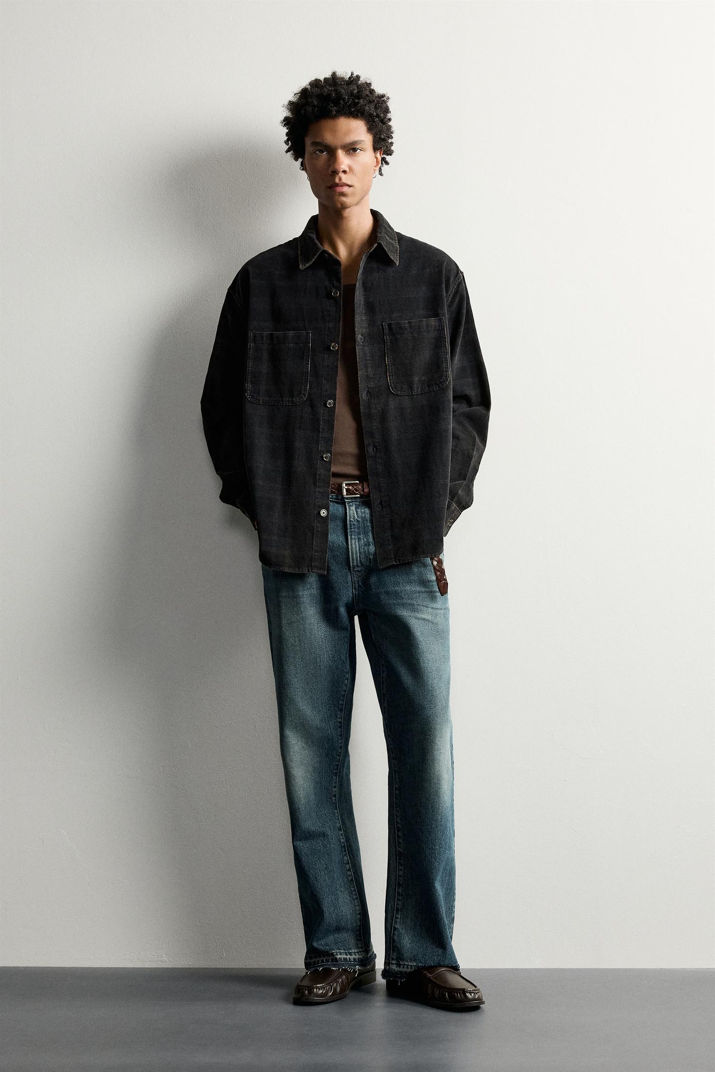 Мужская рубашка Zara Washed Plaid Corduroy, цвет: Чёрный / Белый
