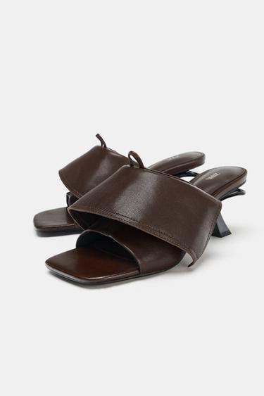 Zara LEATHER KITTEN HEEL SANDALS - Brown
