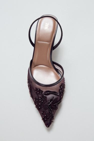 Zara 閃亮網布後空高跟鞋 - 棕色