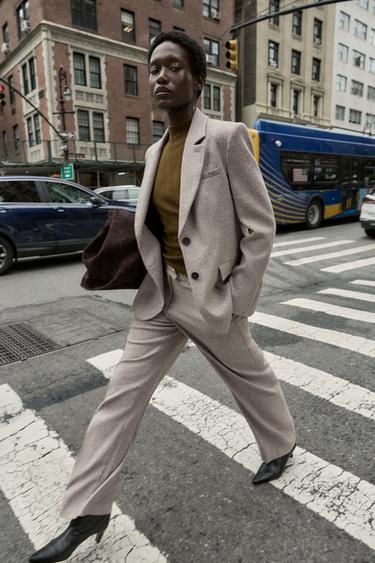 Zara RUSTIC TEXTURED STRAIGHT LEG PANTS - Light sand