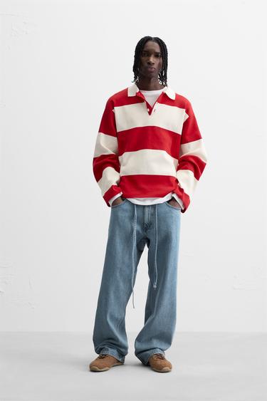 STRIPED KNIT POLO SHIRT - Red by Zara - Image 0