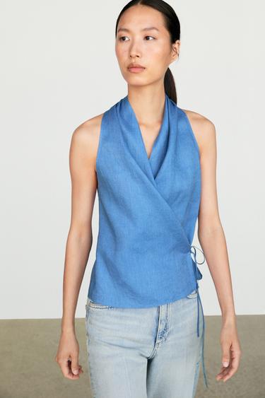 Zara 100% linen crossover halter top - 452