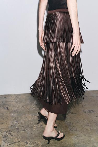 JUPE MIDI À FRANGES - Marron de Zara - Image 3