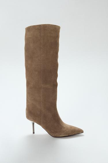 Zara SPLIT LEATHER STILETTO HEEL BOOTS - Taupe Gray