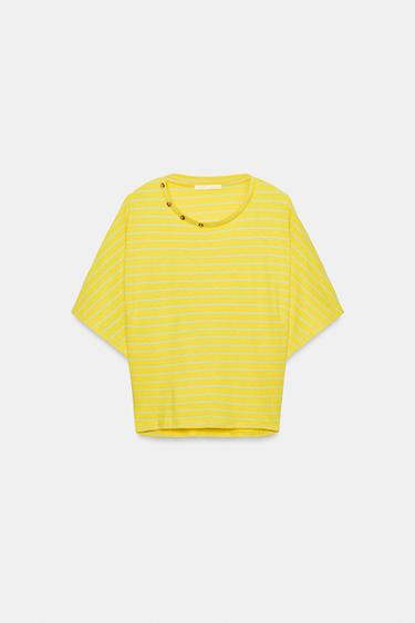 T-SHIRT À RAYURES EN COTON ET LIN - Jaune de Zara