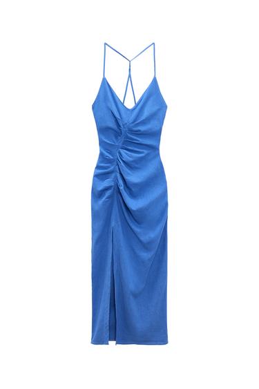LINEN BLEND GATHERED MIDI DRESS