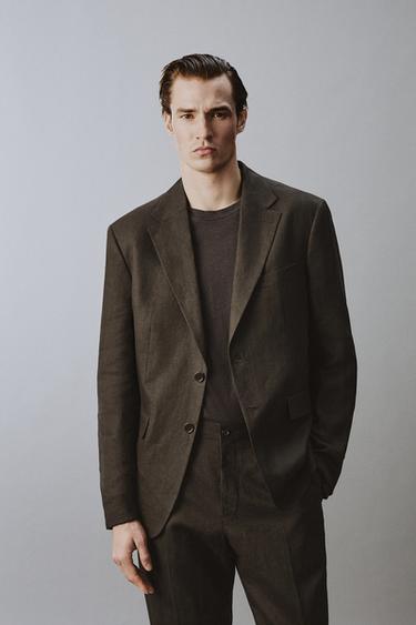 Zara 100% LINEN SUIT JACKET - Dark brown