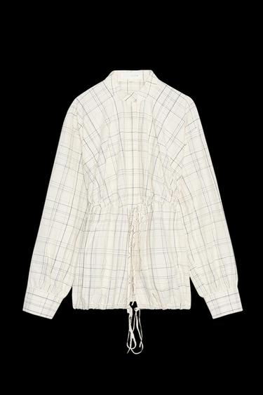 Zara ZW COLLECTION PLAID BOMBER OVERSHIRT - Ecru / Navy - Image 0