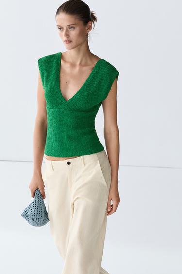 Zara Cotton blend V-neck knit top - Green