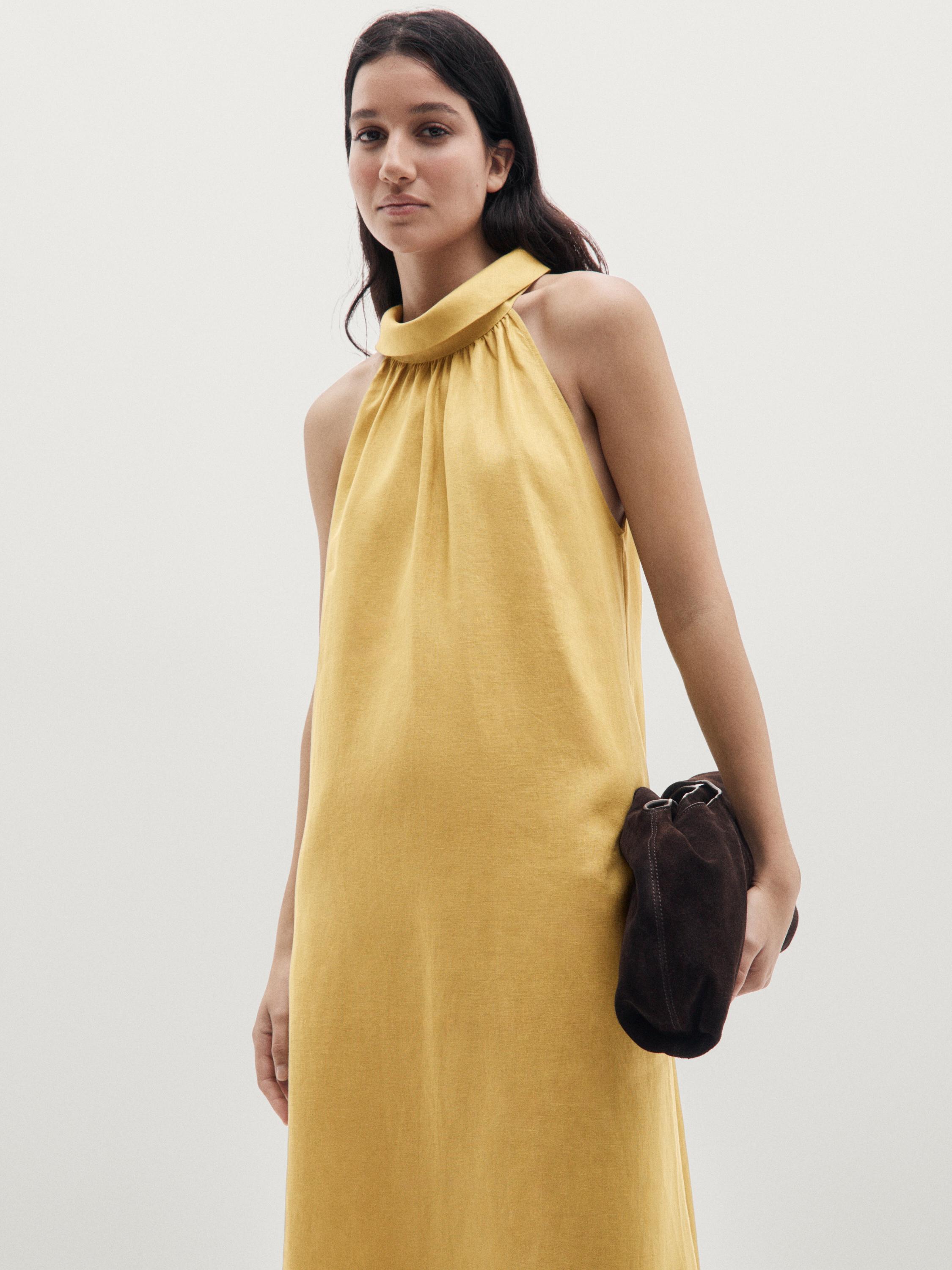 100% linen long halterneck dress — Pistachio green