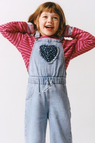 LONG DENIM DUNGAREES WITH HEART PATCH - Blue by Zara