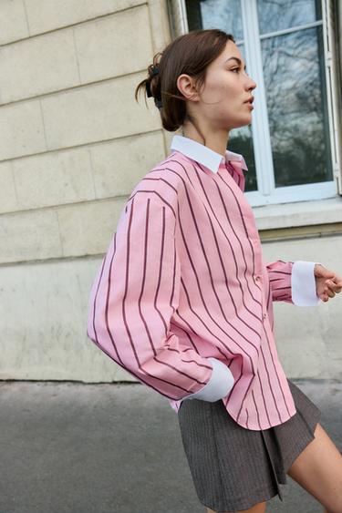 CHEMISE OVERSIZE À RAYURES ET POIGNETS CONTRASTÉS - Rose / Blanc de Zara - Image 2