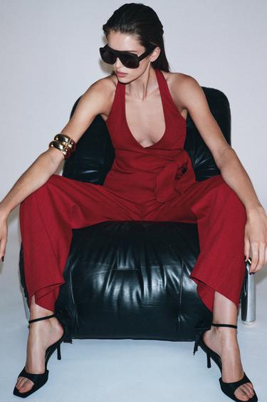 Zara HIGH-WAISTED STRAIGHT LEG PANTS - Cherry red