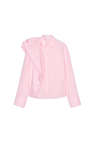 Front view of a pink shirt with a classic collar and long sleeves.