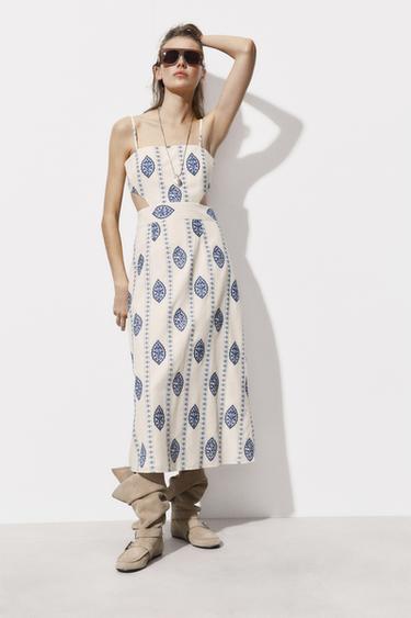 MIDI DRESS WITH CUT OUT DETAIL - Ecru / Navy by Zara - Image 0