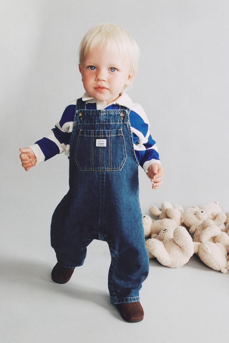 LONG DENIM OVERALLS — Mid-blue