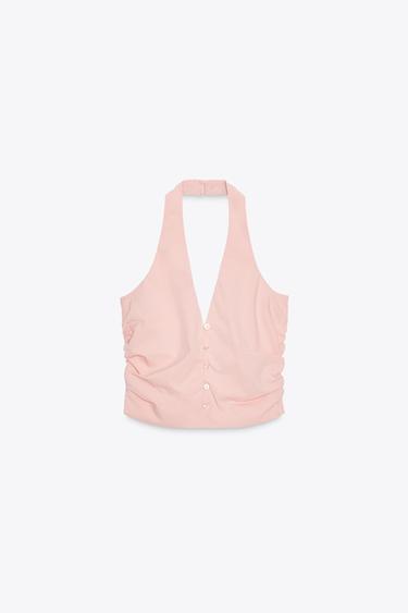 Zara RUCHED HALTER VEST TOP - Salmon - Image 0