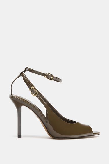 FAUX PATENT OPEN-TOE SLINGBACK HEELS - Khaki Green by Zara