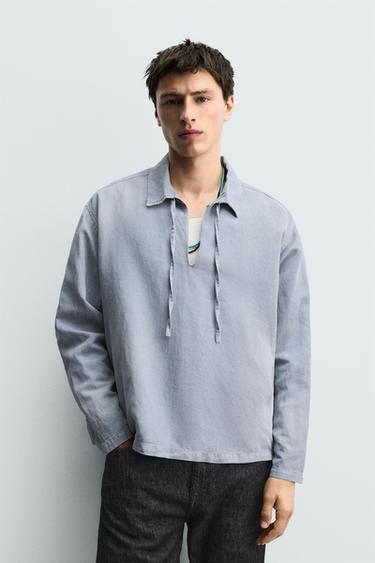 COTTON/LINEN POLO SHIRT - Blue by Zara