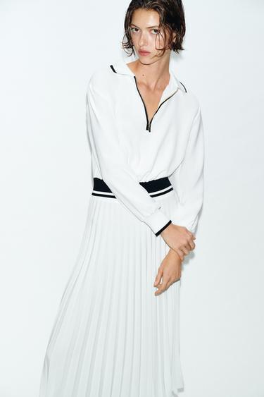 PLEATED CONTRAST MIDI DRESS - White by Zara - Image 3