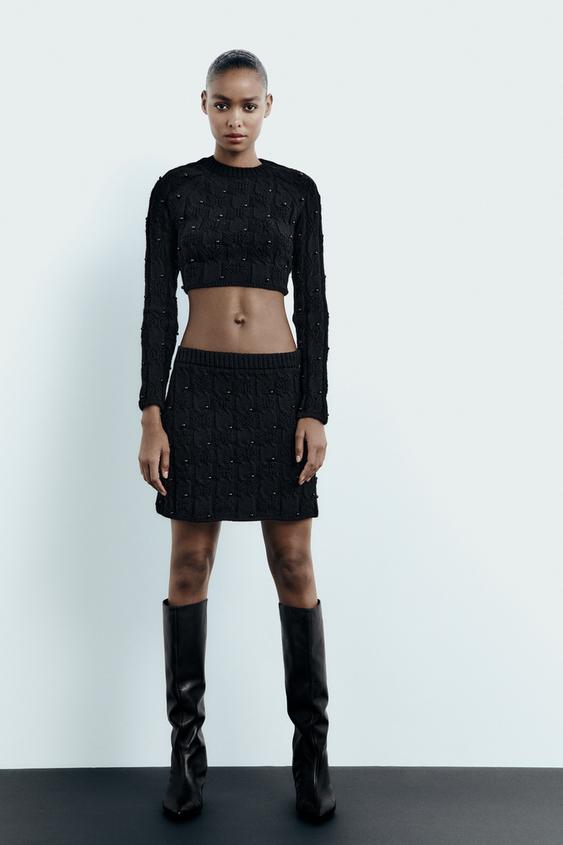 KNIT SKIRT WITH FAUX PEARLS - Black | ZARA India