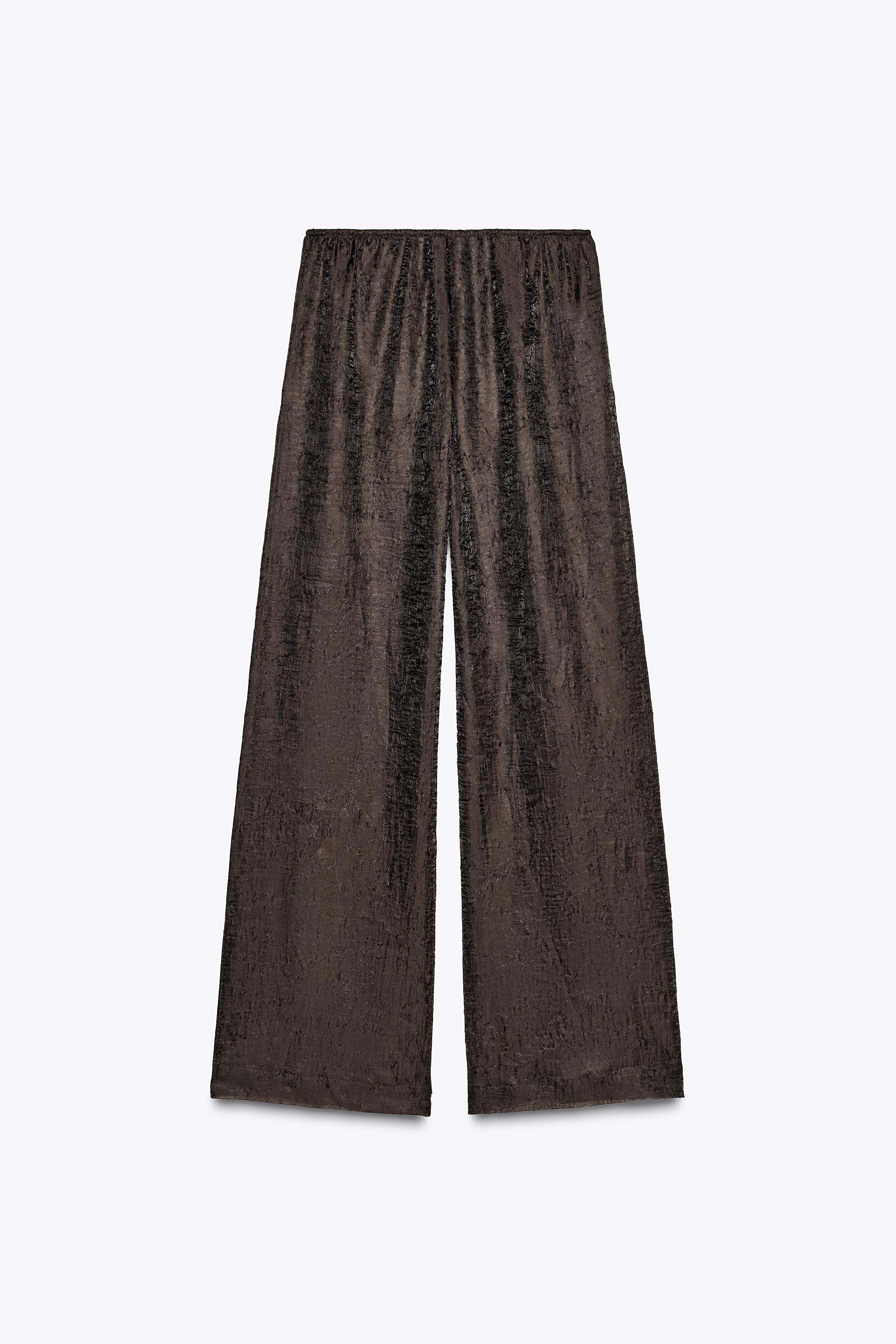 スペイン発送 ZARA シワ加工半透明パンツ ブラウン 上品シンプル WATER RESISTANT AND WIND PROTECTION カーゴパンツRECCO