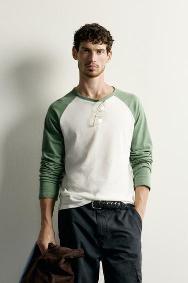 COTTON - LINEN COLOUR BLOCK T-SHIRT - Ecru / Green by Zara