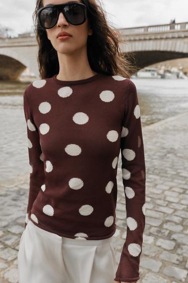 Zara POLKA DOT KNIT TOP - Brown / Ecru