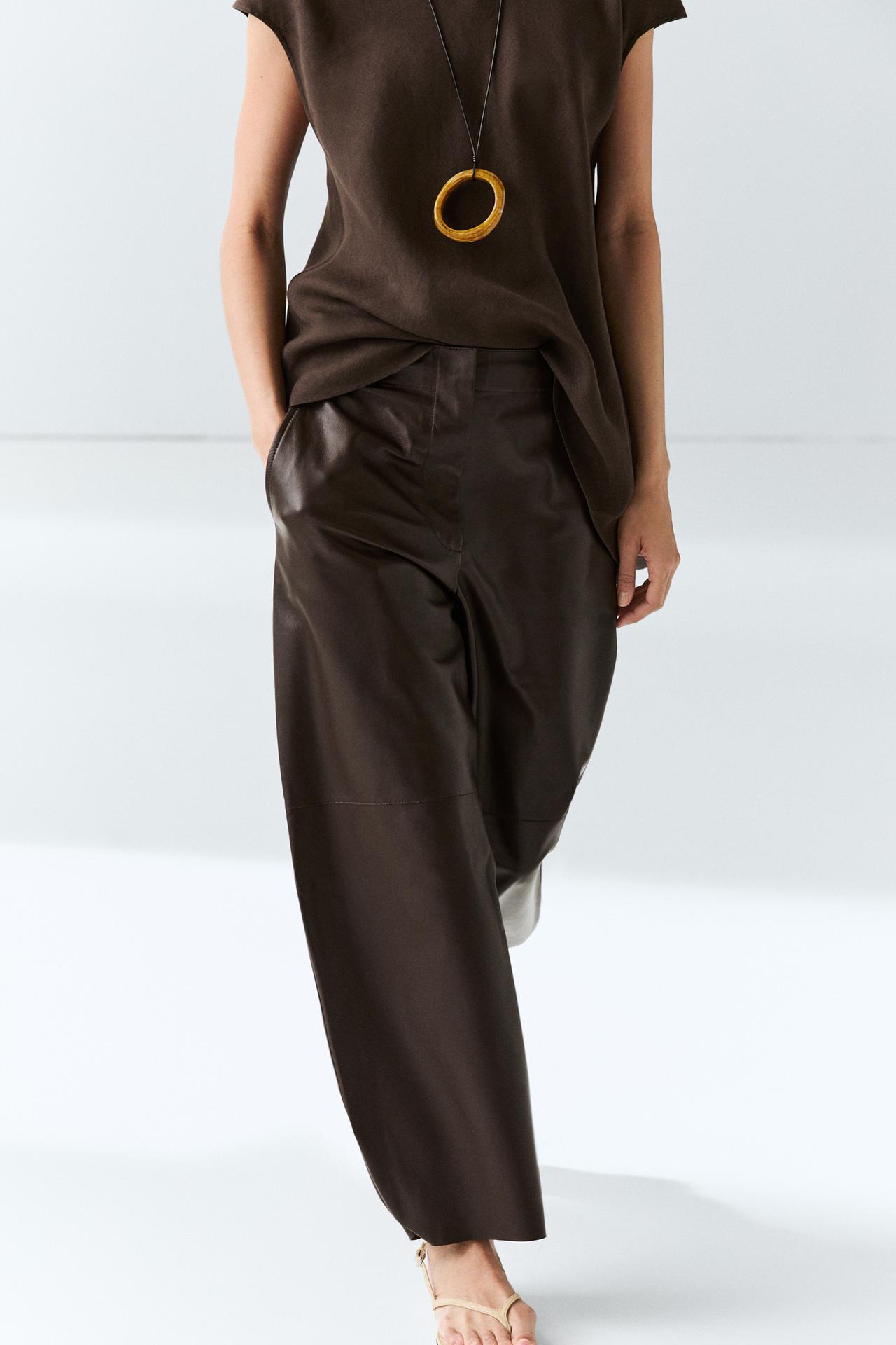 Barrel fit nappa leather pants — Brown