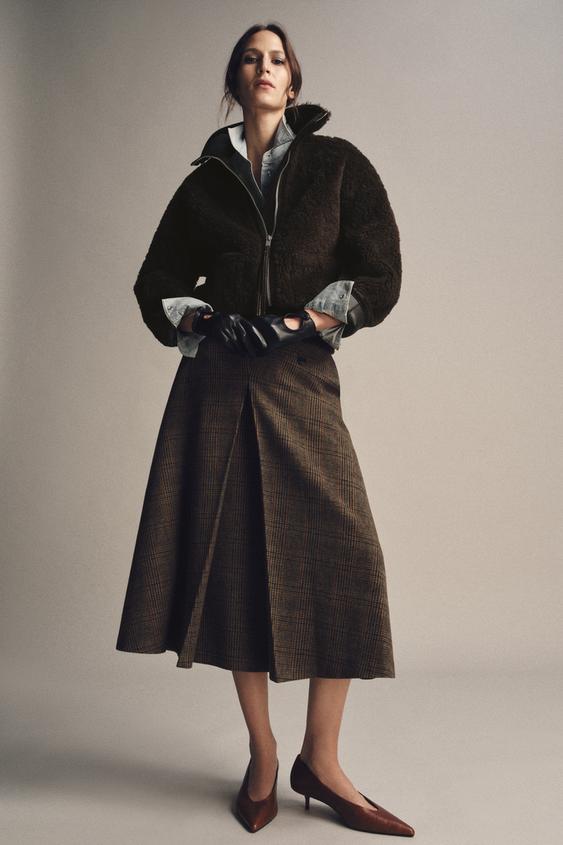 ZW COLLECTION CHECK SKIRT WITH WOOL AND PLEATS - Brown-Blue by Zara - Image 0
