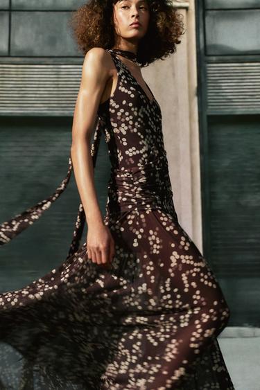 LONG DOTTED TULLE DRESS - Brown / Ecru by Zara - Image 4