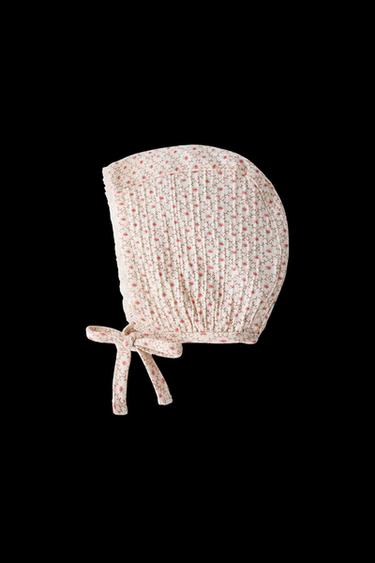 Zara COTTON GAUZE BONNET WITH FLORAL AND LACE DETAIL - Light ecru