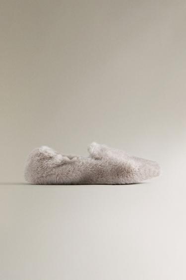 Zara SOFT FAUX FUR LOAFERS - Gray