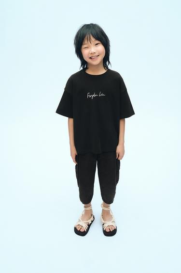Zara PLAIN T-SHIRT WITH TEXT X FANGLU LIN - Black - Image 0