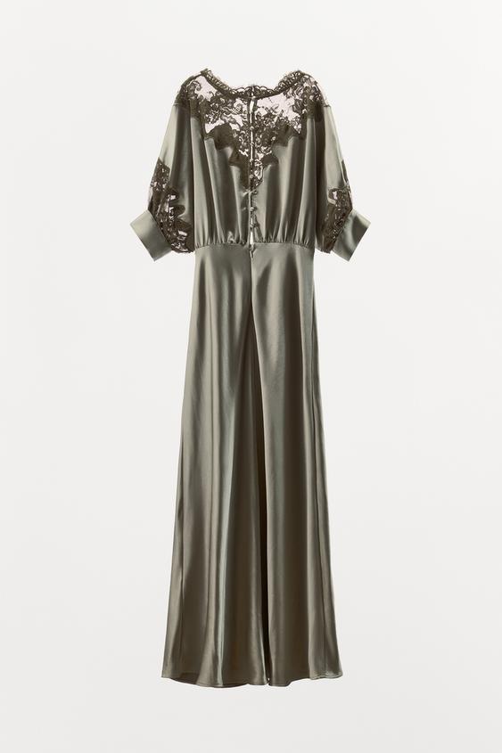 zara satin dress green Zara ZARA Green Satin Long Dress With Rhinestone Spaghetti Straps