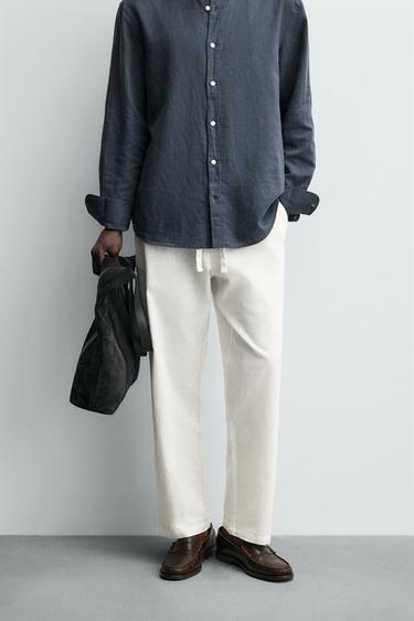Zara RELAXED FIT COTTON - LINEN PANTS - Oyster-white