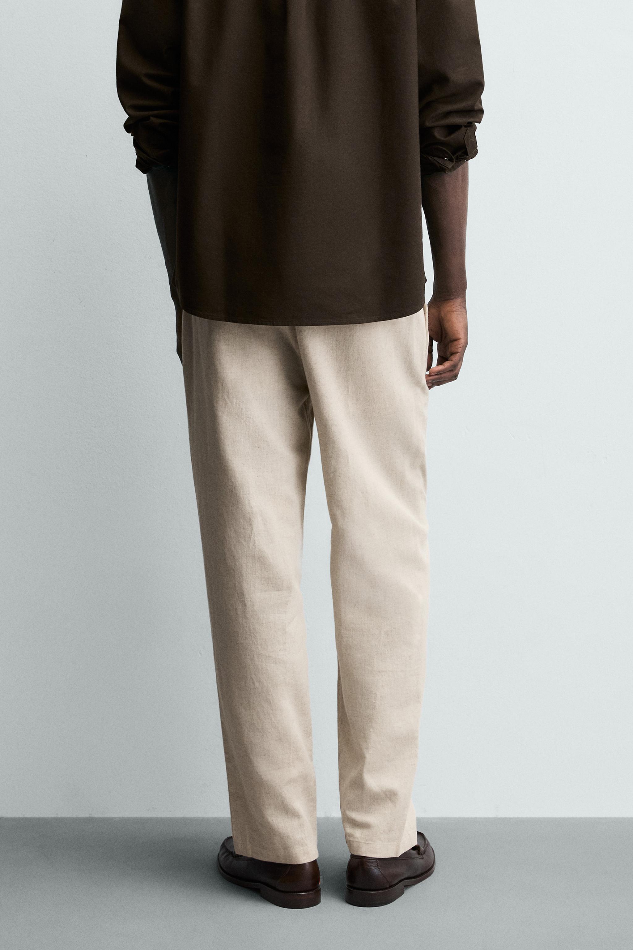 COTTON-LINEN RELAXED FIT PANTS — Light beige