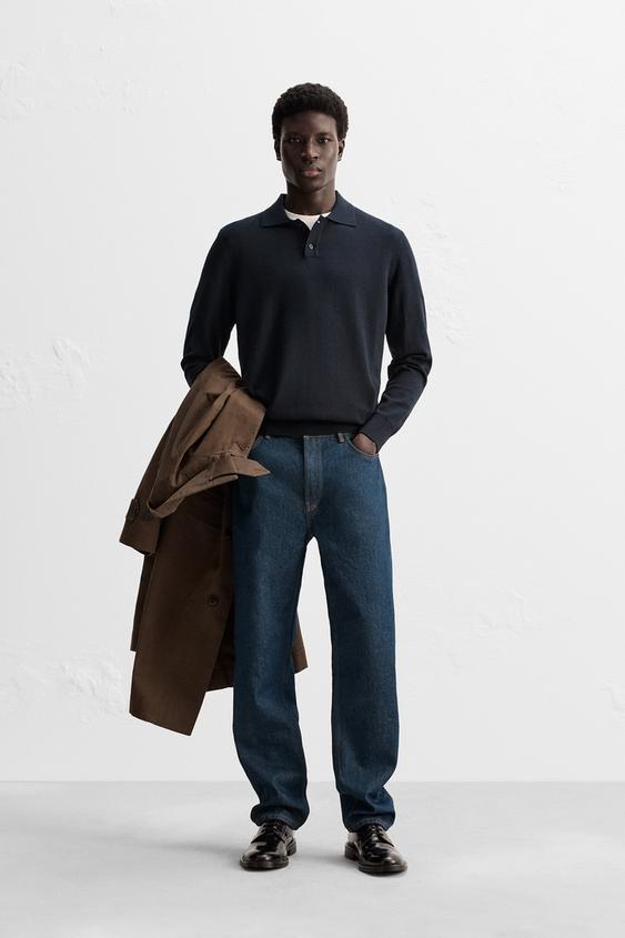 MERINO WOOL KNIT POLO SHIRT Navy blue ZARA Hungary / Magyarország