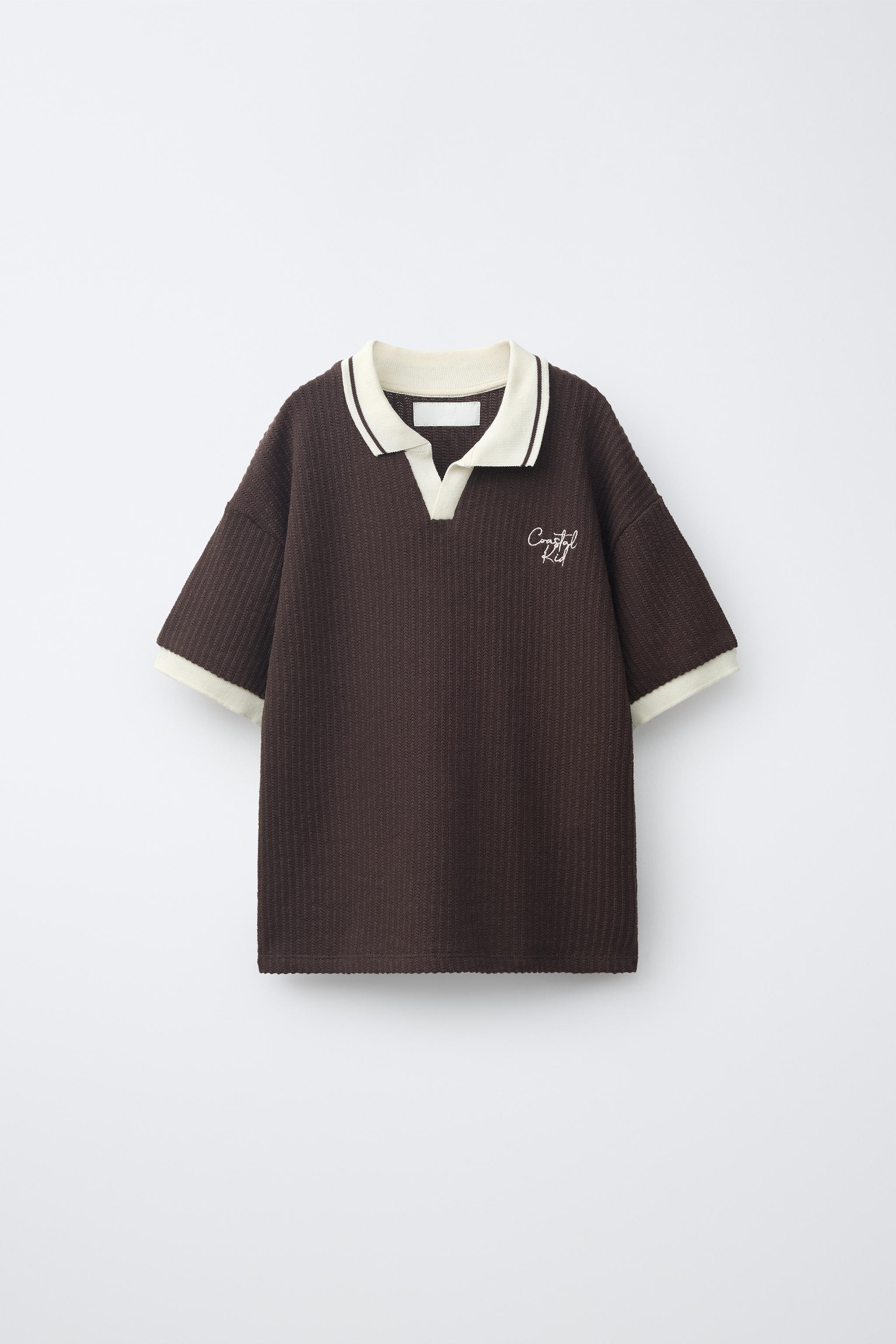 刺繍入りテクスチャーポロシャツ - ブラウン/ エクリュ | ZARA Japan