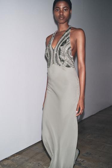 Zara LONG EMBROIDERED DRESS - Gray - Image 0