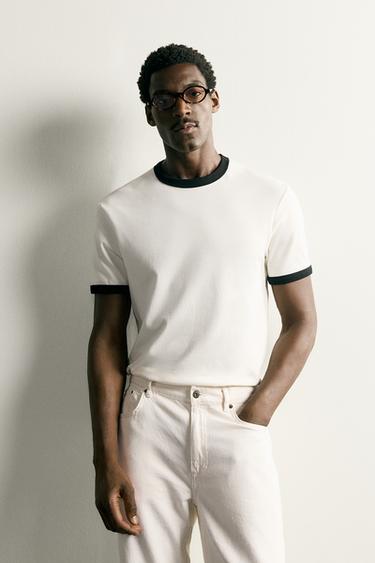 RINGER BASIC CONTRAST RIBBED T-SHIRT - Oyster-white by Zara